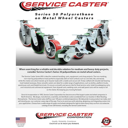 Service Caster 4 Inch Red Poly on Cast Iron Caster Set with Roller Bearing and Swivel Lock SCC-30CS420-PUR-RS-BSL-4
